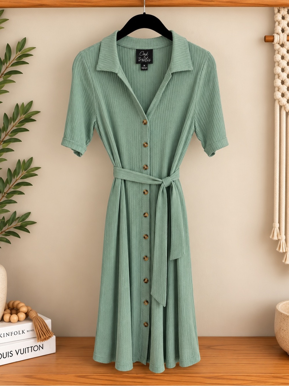 Sage Green Button-Front Midi Dress with Tie Waist